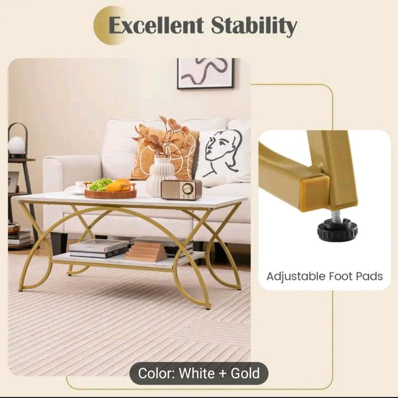 Modern Faux Marble Coffee Table, 2-Tier Rectangular Accent Table with Gold Finished Metal Frame, Chic Cocktail Table with Storage Shelf, Snack End Table for Living Room & Lounge 1