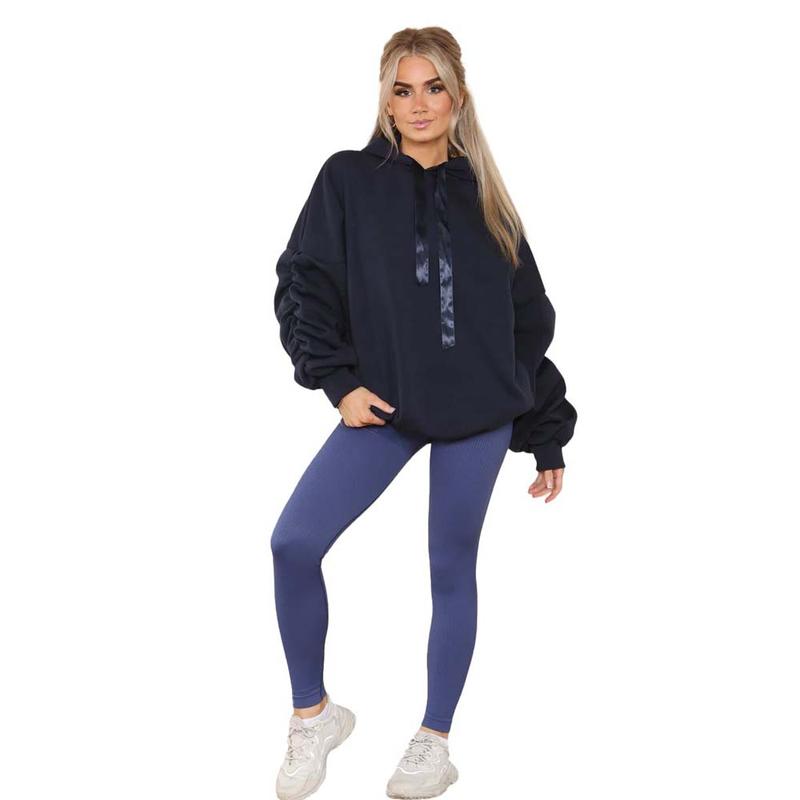 Womens Ruched Sleeve Oversized Hooded With Ribbon Ladies Sweatshirt Jumper Top 8
