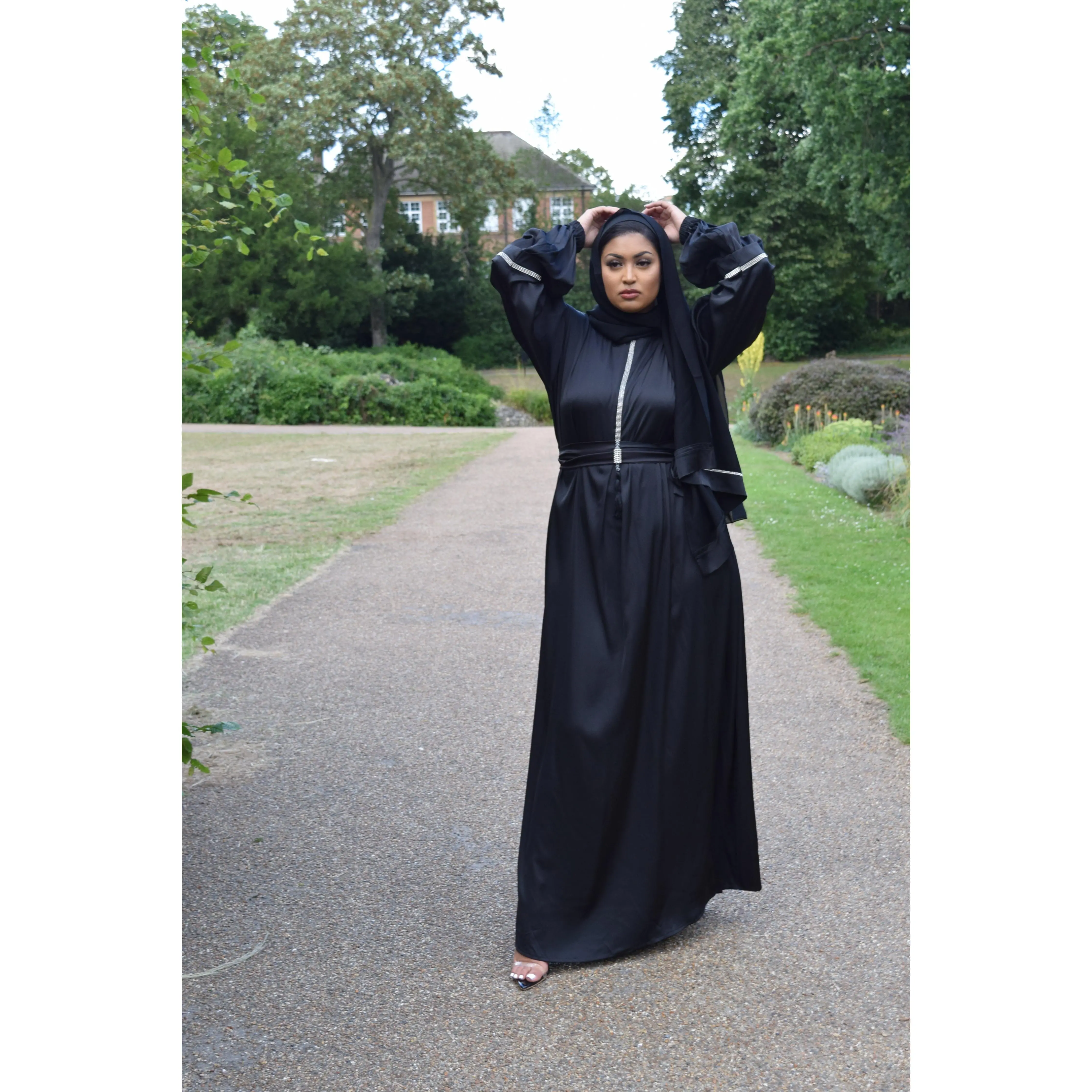 Shirin Satin Abaya with diamante and tassel embellishments Black
