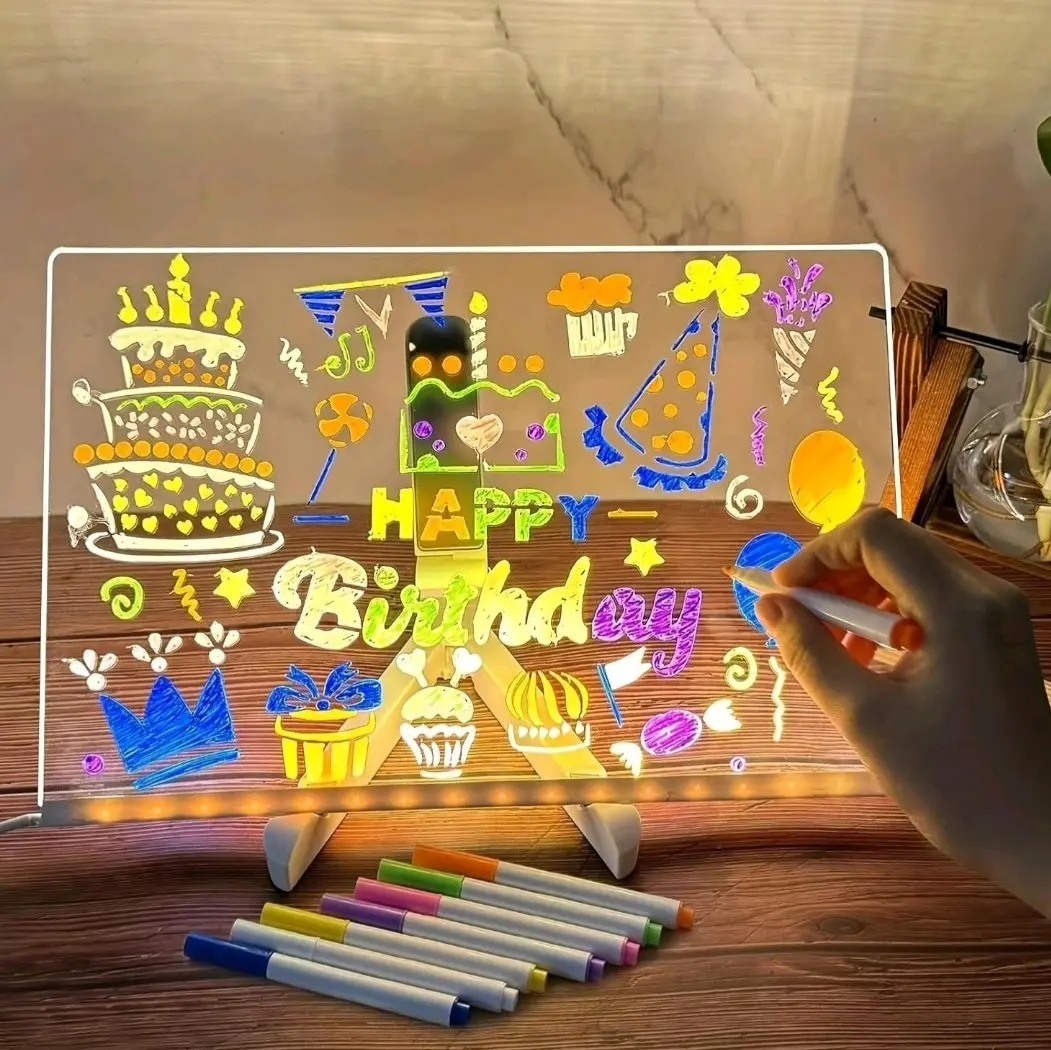 Rewritable Acrylic Message Board 1 Set USB Powered illuminated Dry Erase Board With Stand & Markers, LED Display Board