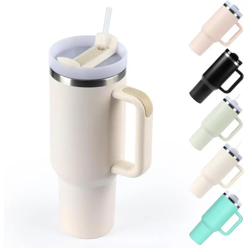 XSUPER 40oz Tumbler with Handle and Straw Lid, Stainless Steel Vacuum Insulated Travel Mug Water Bottle Cup for Water, Iced Tea or Coffee, Smoothie and More (Cream) Drinkware Flasks Portable