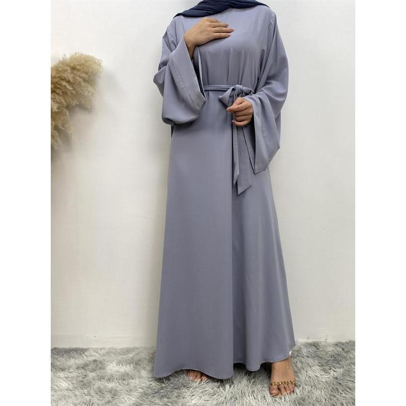 Arabic Clothing-Women's Solid Long Sleeve Round Neck Maxi Arabian Dress with Belt, Asian Suits Eid, Dresses for Women, Closed Abaya, Lady Loose Abayas, Kaftan Long Dress for Spring Summer Fall 4