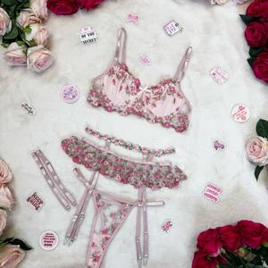Liliosa Lingerie High Quality Fabric Pink Rose Lace Lingerie Set with 3D Floral Embroidery Mesh Sheer, Bra + Garter + Thong +Thigh Straps - Comfortable Adjustable Fit Womenswear, Floral Spring Muticolor Belt, Lace Lingerie Matching Day Multicolor Cute
