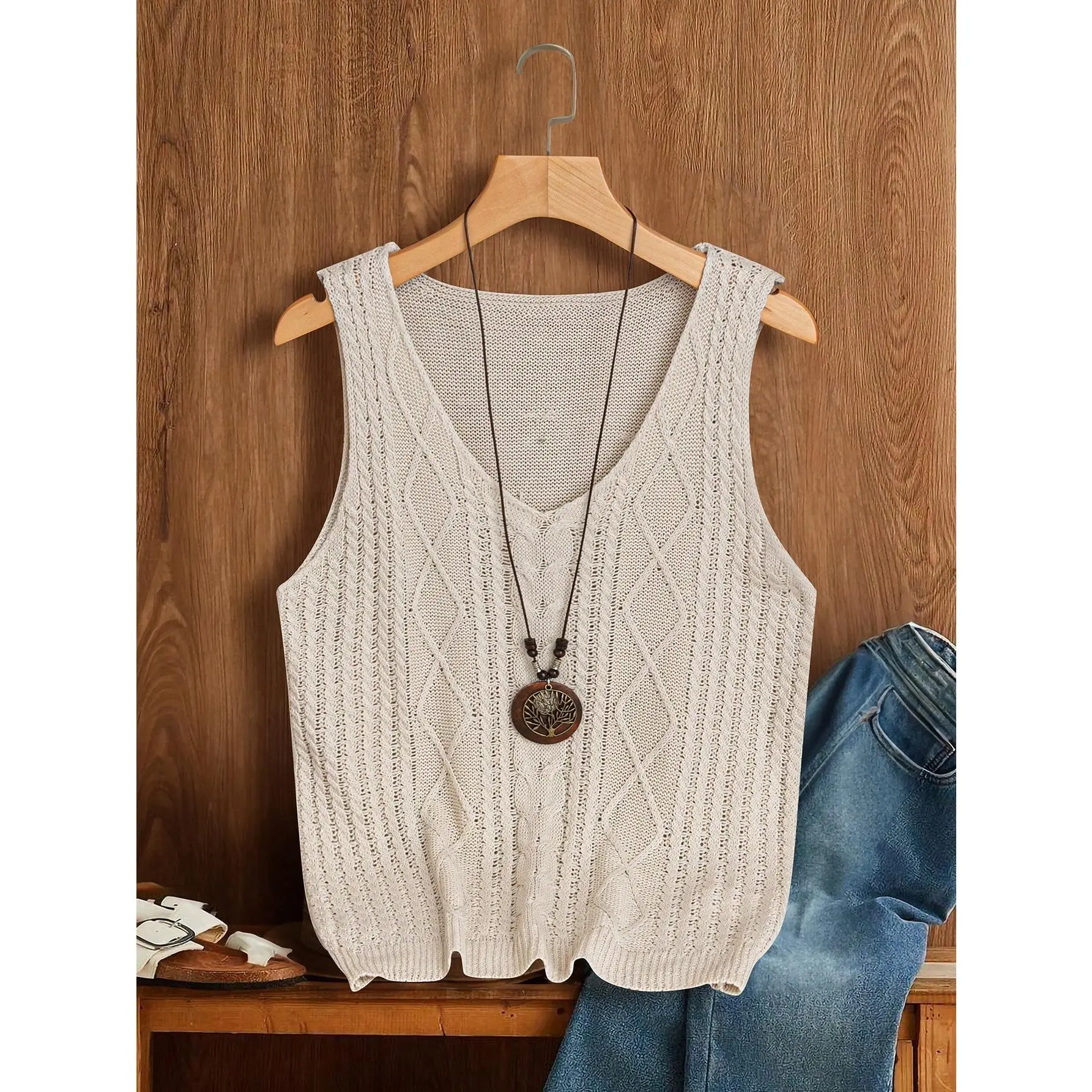 ChicEase Women Plain Sleeveless Knit Casual Top Fit Womenswear Polyester Comfort Fabric Sheer Apricot Basic Minimalist