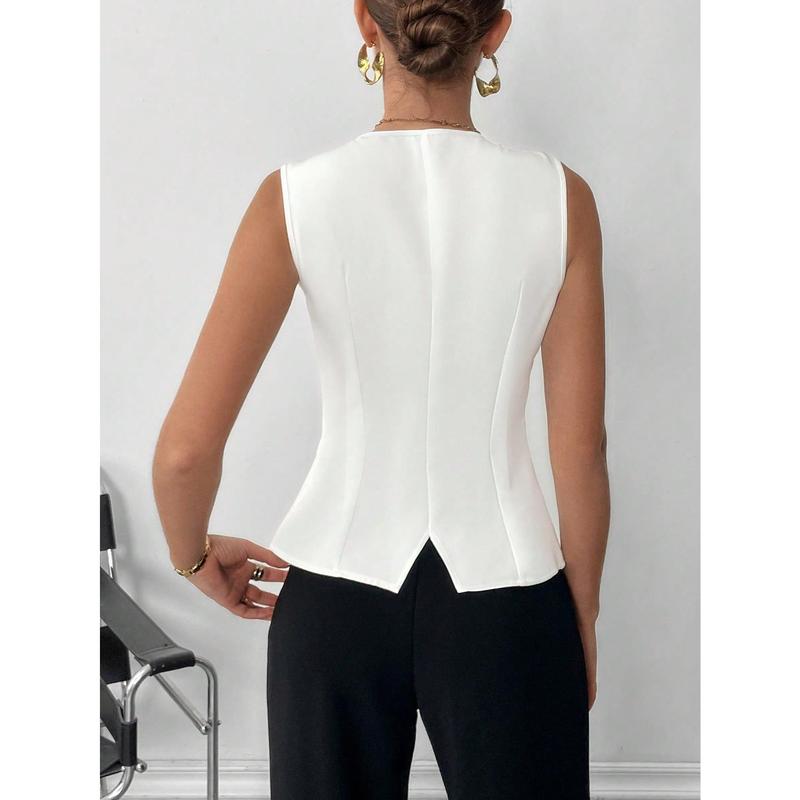 Siren Gaze Chalecos Para Mujer White Hardware Button A-Slit Vest Top Women's White Sleeveless Vest With Metal Buckle, Autumn 2