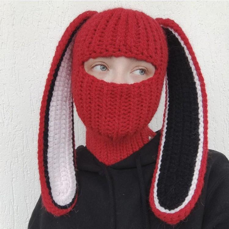 Explosive Rabbit Ear Hat Autumn and Winter Balaclava Neck Mask in One Knitted Hat 2