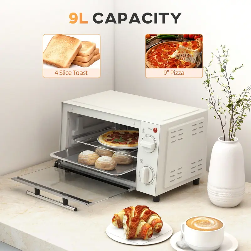 [Home kitchen] Mini Oven, 9L Countertop Electric Grill, Toaster Oven With Adjustable Temperature, Timer, Baking Tray And Wire Rack, 750W 1