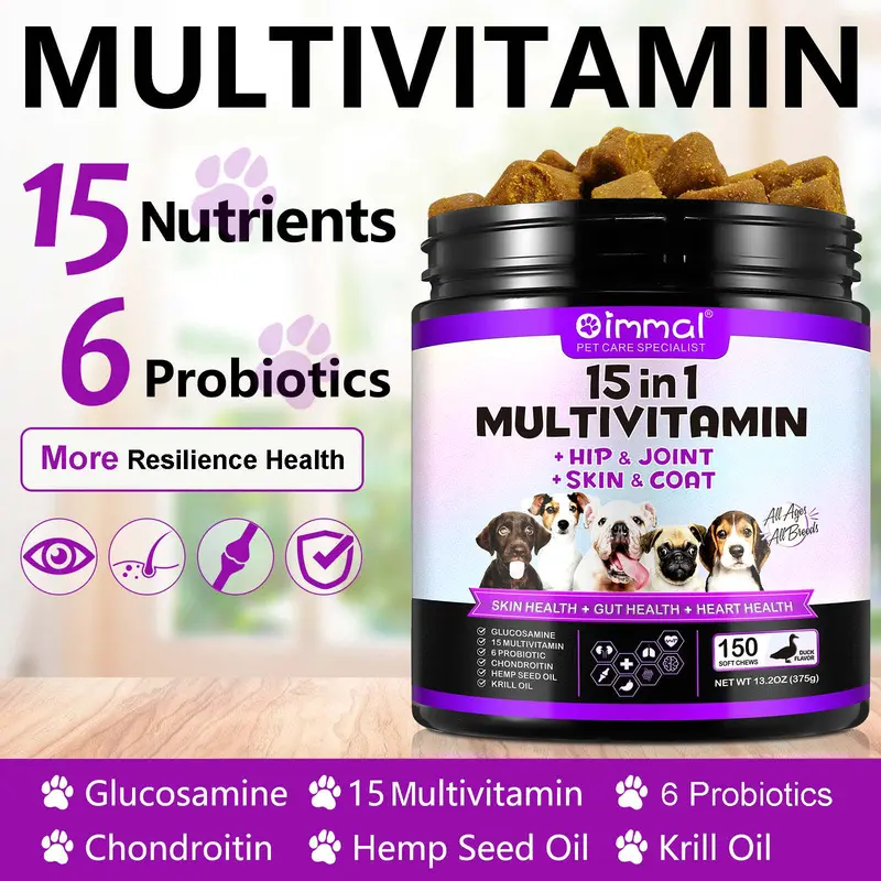 15-in-1 Dog Multivitamin Chews - 150 Treats for Overall Health, Hip & Joint, Immune Support, Skin & Coat, and Gut Health - Duck Flavor pet  treat 5
