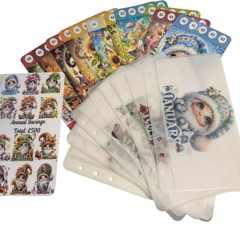 Annual Gnomes Savings Challenge Bundle - wallet and matching Saving cards- Set Realistic Savings Goals