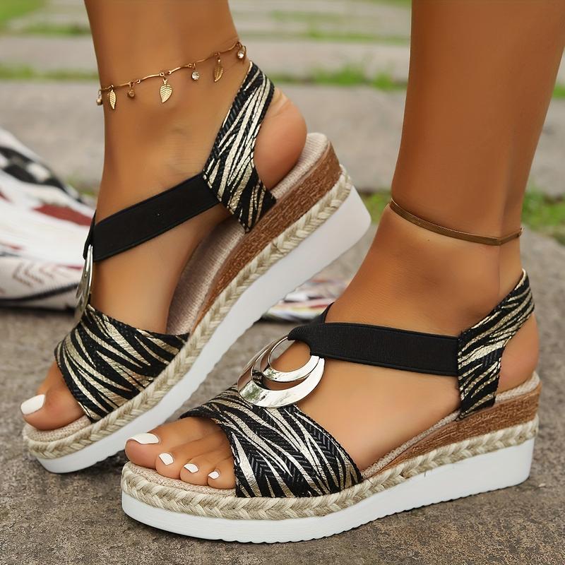 Product Introduction of Women's Solid Color Elegant Sandals, Metallic Buckle Design Platform Slingback Shoes, Casual Wedge Peep Toe Shoes Girl Footwear 7