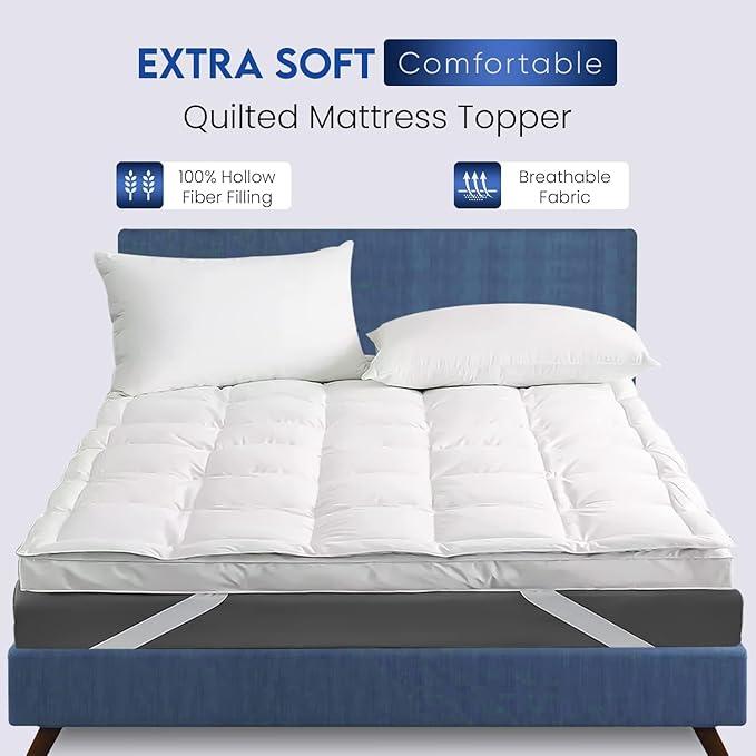 Mattress Topper (4 Inch/10cm) Thick, Quilted Extra Deep Mattress Topper, Super Fluffy & Breathable Microfiber Mattress Topper with Elasticized Straps 6