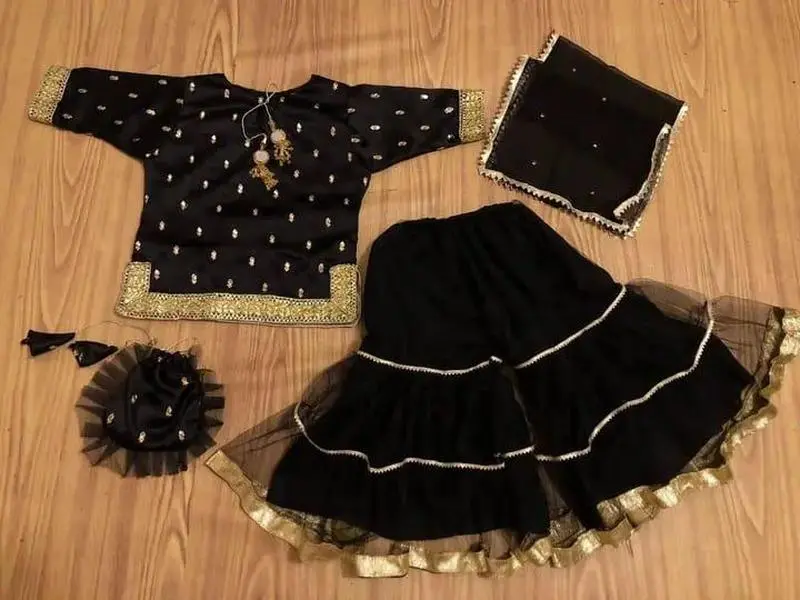 Mother and Daughter Eid Collection, Fancy Silk Skirt with Full Flairy Net garara, chiffon stone dopatta and poch