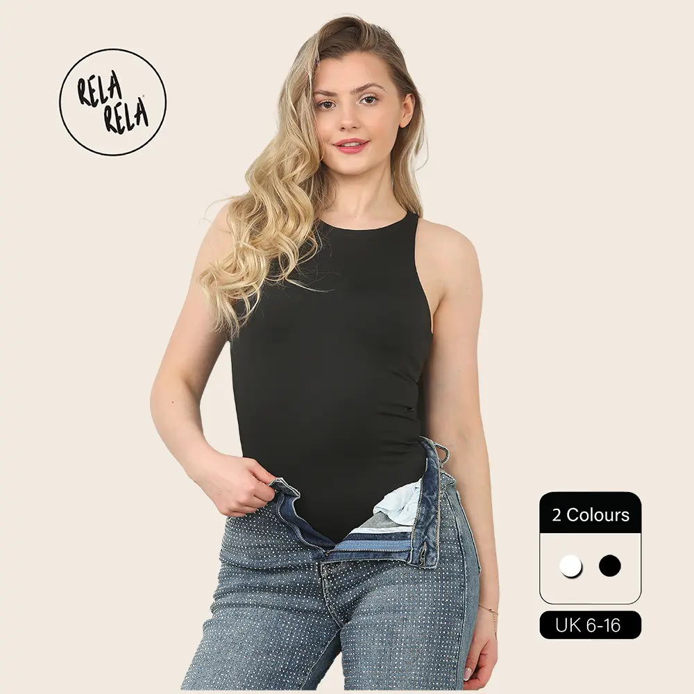 RELA RELA Premium Figure Hugging Fits Everybody Sleeveless High Neck Stretch Woven Double Layered Bodysuit UK 6-16 Womens Body Shaping Basic