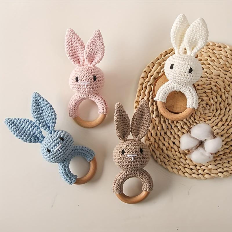 Crochet Rabbit Baby Rattle, Cute Rabbit Grasping Toys, Baby Gnawable Wooden Hand Rattle, Hand Rattle Toy Gift Box, White Pink Blue Brown, with Christmas & Easter Gift 5