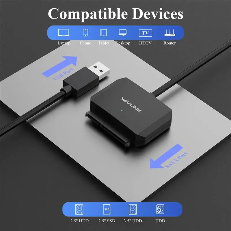 SATA III to USB 3.0 Cable Adapter, 5 Gbps USB 3.0 to SATA Adapter Converter/Connector for 3.5" HDD & 2.5" HDD/SSD with 12V2A Power Adapter, Max 18TB, UASP, TRIM, S.M.A.R.T, Auto-sleep Mode 4