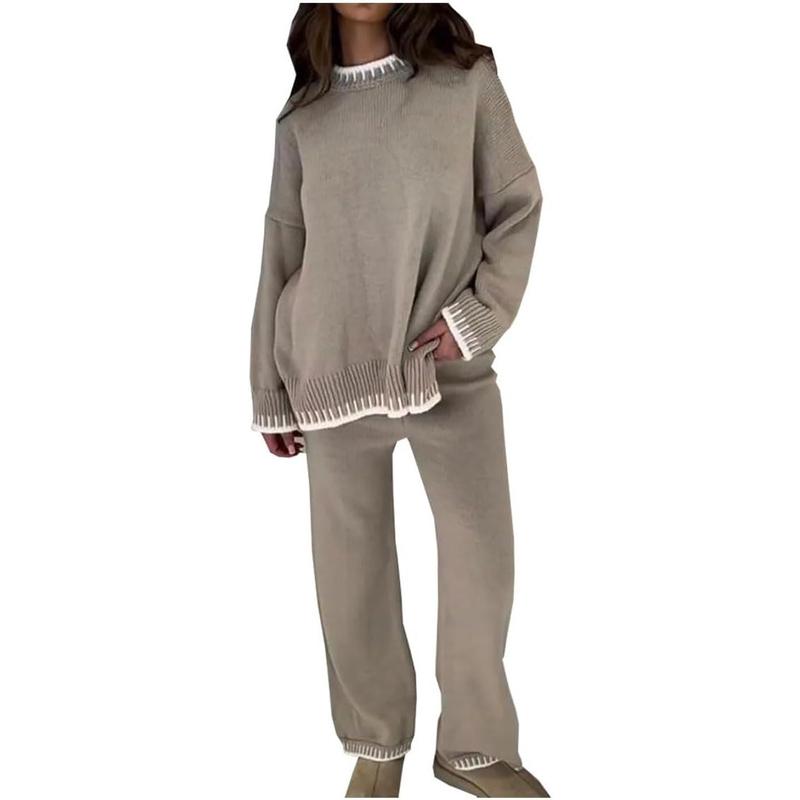 Womens Knitted Lounge Wear Ladies Wide Leg Palazzo Top Tracksuit 2 Pcs Co Ord Set 5