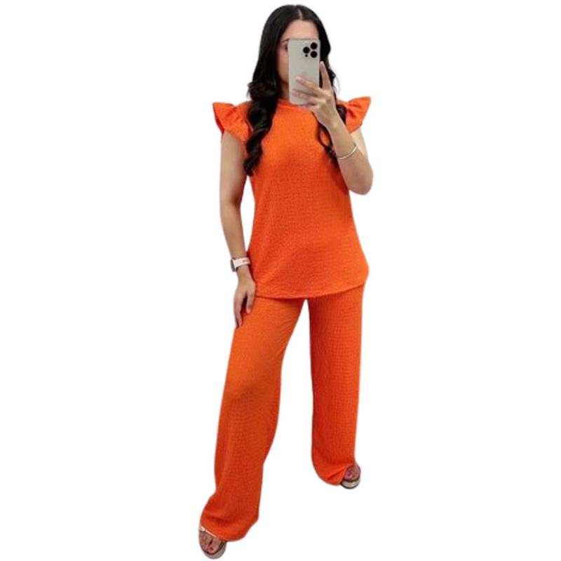 Women's Loungwear Ladies Pop Corn Fabric Frill Sleeve Top Trousers 2Pcs Co Ord UK Size 8-22 Loungewear Pajama Womenswear Nightwear Comfortable Pyjamas 5