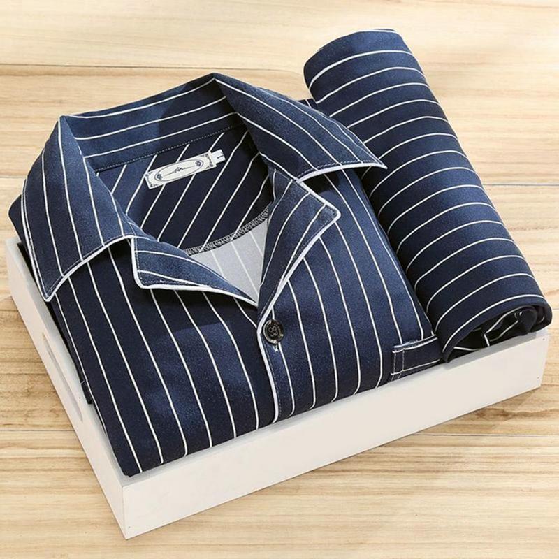 2 Pcs/Set Men Spring Pajamas Set Men Homewear Shirt Pants Set Striped Plaid Print Lapel Single-breasted Long Sleeve Wide Leg 4