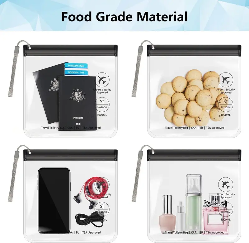 4PC Airport Security Liquids Bags 20X20 cm Clear Security Toiletry Bag Hand Luggage Regulations Waterproof Liquids Wash Bags Travel Accessory Holiday Essentials for Women/Men 2