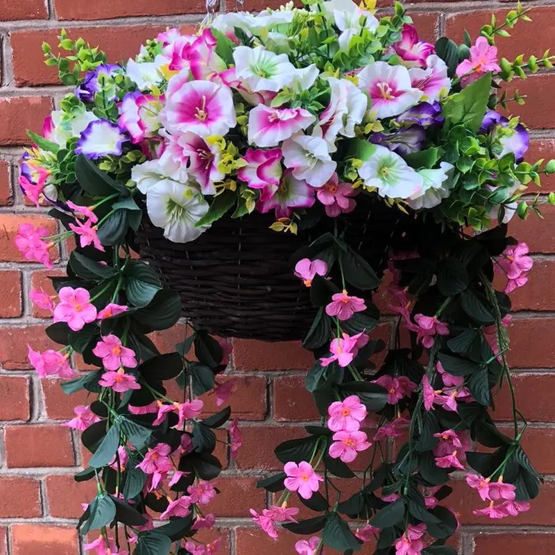Large Handmade Morning Glory Petunia Trailing Flowers in Hanging Basket with Foliage Berries - 12 Inch Basket - Decorative, Decor Decoration Plants Nature 6