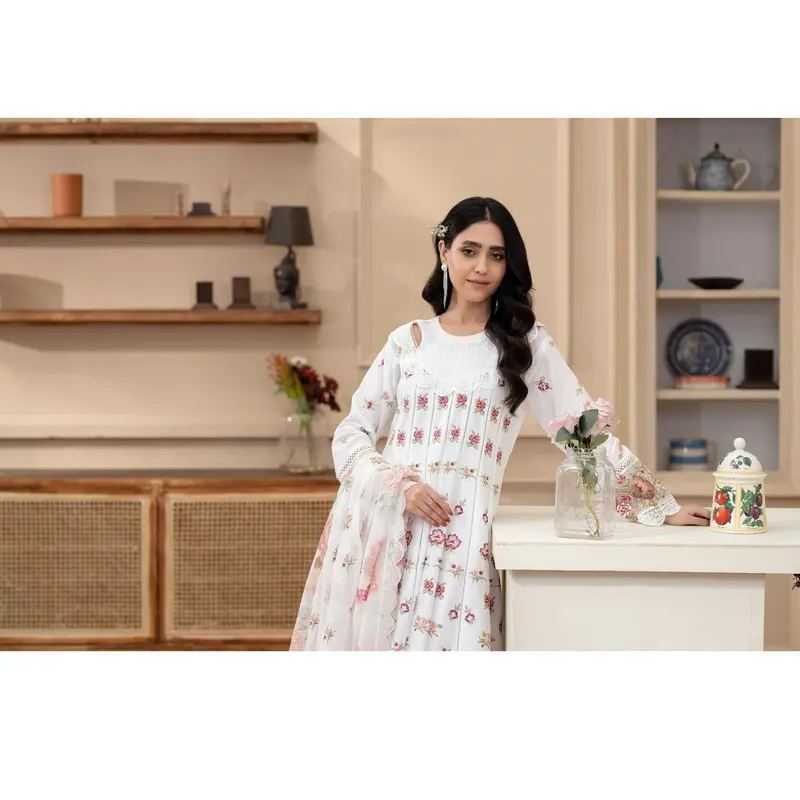 KC-1436 Embroidered Cambric Cotton long Frock Dress Ready to Wear 3 Pc - Karma Collection 4