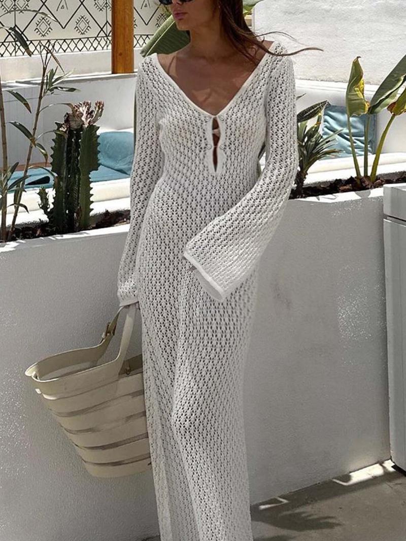 Product Introduction of Women White Long Knit Sleeve Bikin Fashion Cover up Female See-Through Deep V-Neck Hollow-Out Beach Knitwear Backless Dress 18