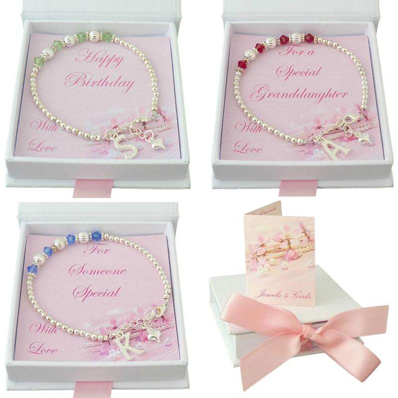 Birthstone Bracelets with Silver Beads, for Girls, in Special Gift Boxes, Any Letter, Initial Charm 0