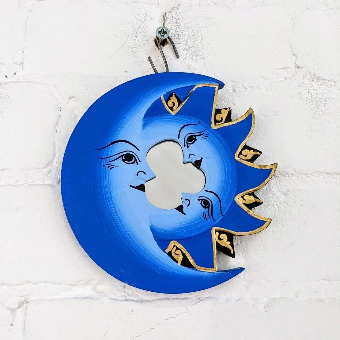 Blue Moon and Sun Wooden Mirror Decor - 16cm