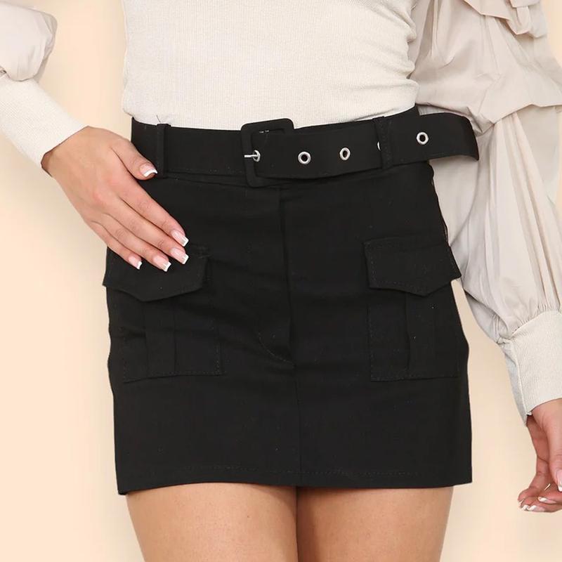 Women's Cargo Pocket Mini Skirt - Ladies Bukle Belted Elastic Waist Summer Viral Skort Basic Casual Soft Womenswear 1