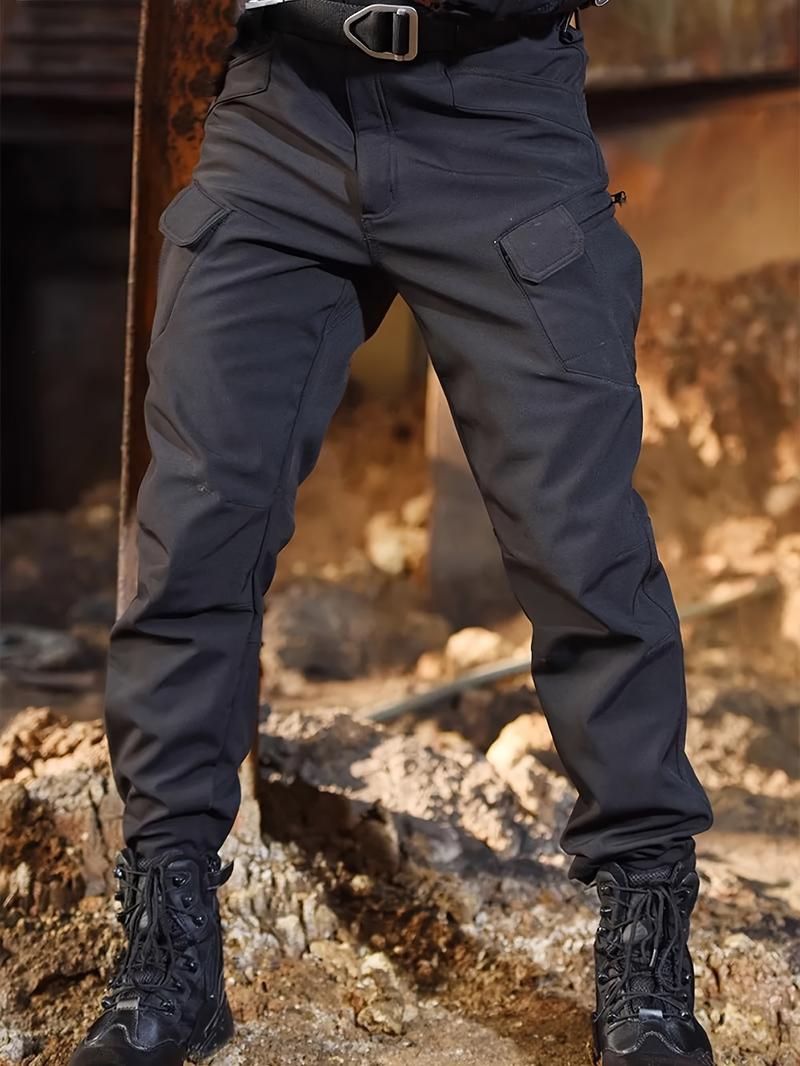 Product Introduction of Men's Solid Color Thermal Cargo Pants, Slightly Stretch Multiple Pockets Design Pants For Winter Outdoor Activities Menswear Trouser Plain Beige 15