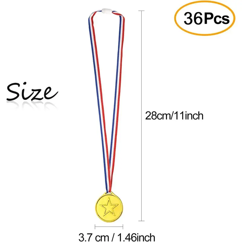 36pcs Golden Plastic Medals with Ribbons - 3.71cm Diameter, 27.94cm Ribbon - Perfect for School Competitions & Sports Events, Party Favors, and Rewarding Youngsters 3