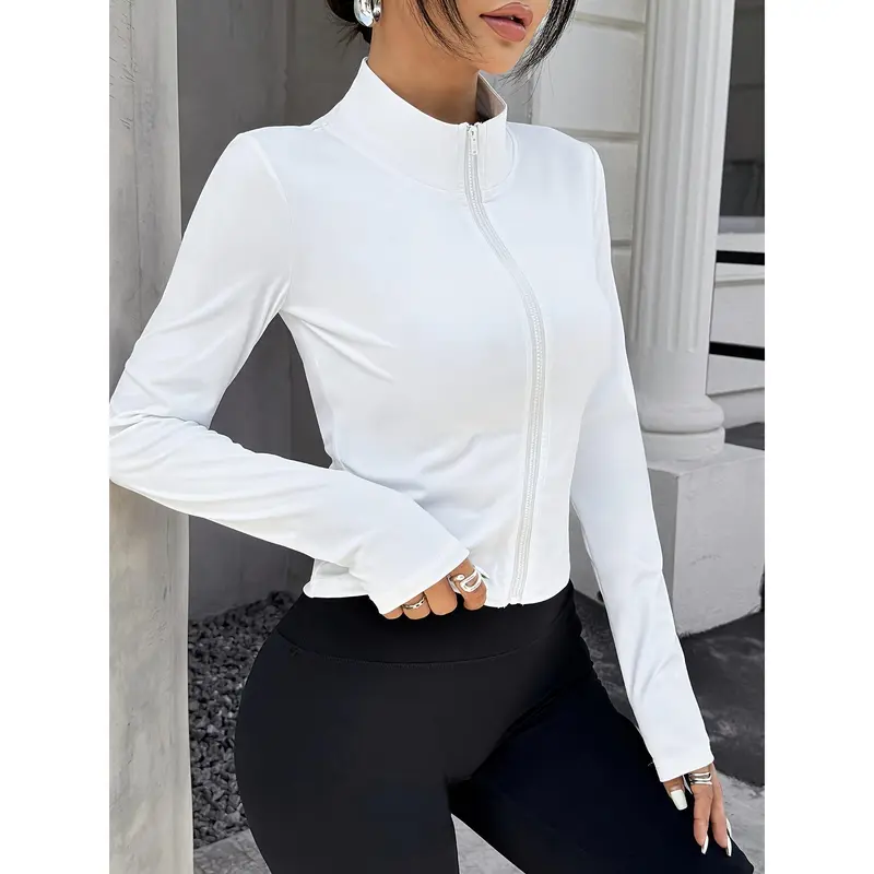 Women's Polyester Zip-Front Stand Collar Jacket - Y2K Style Slim Fit Solid Color Long Sleeve Casual Outerwear for All Seasons - Knit Fabric Construction 3