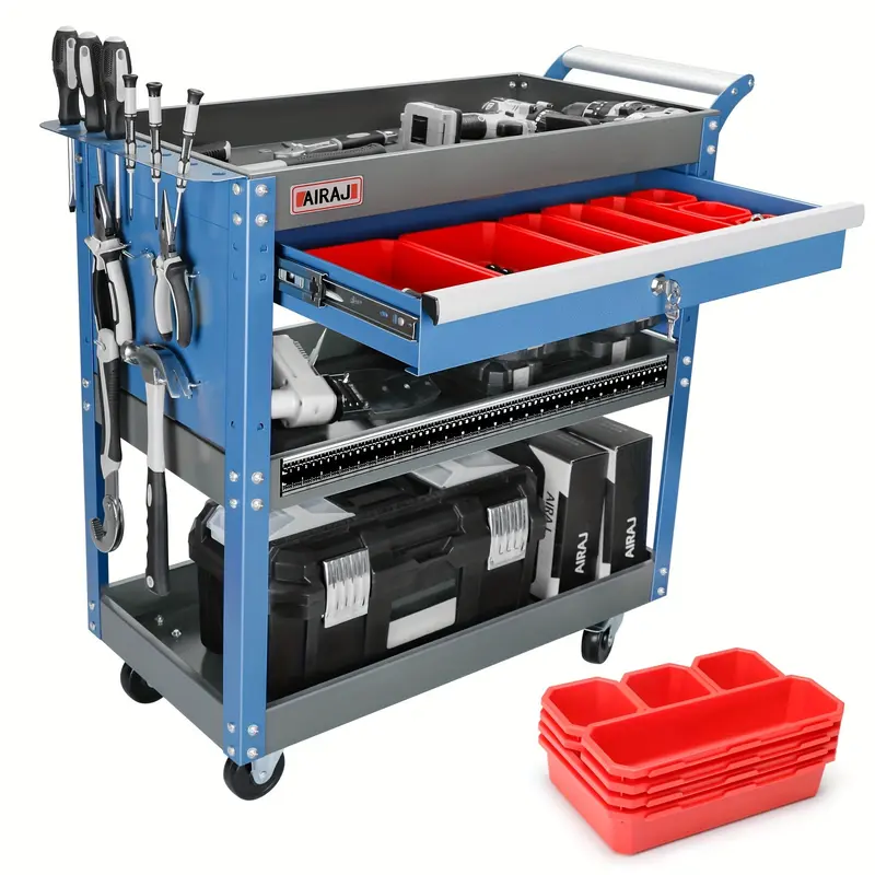 3 Tier Rolling Tool Cart, Mechanic Tool Cart On Wheels, Industrial Utility Cart With Drawers And Pegboard, 199.58 KG Capacity Tool Storage Cart For Garage, Warehouse, Blue 2