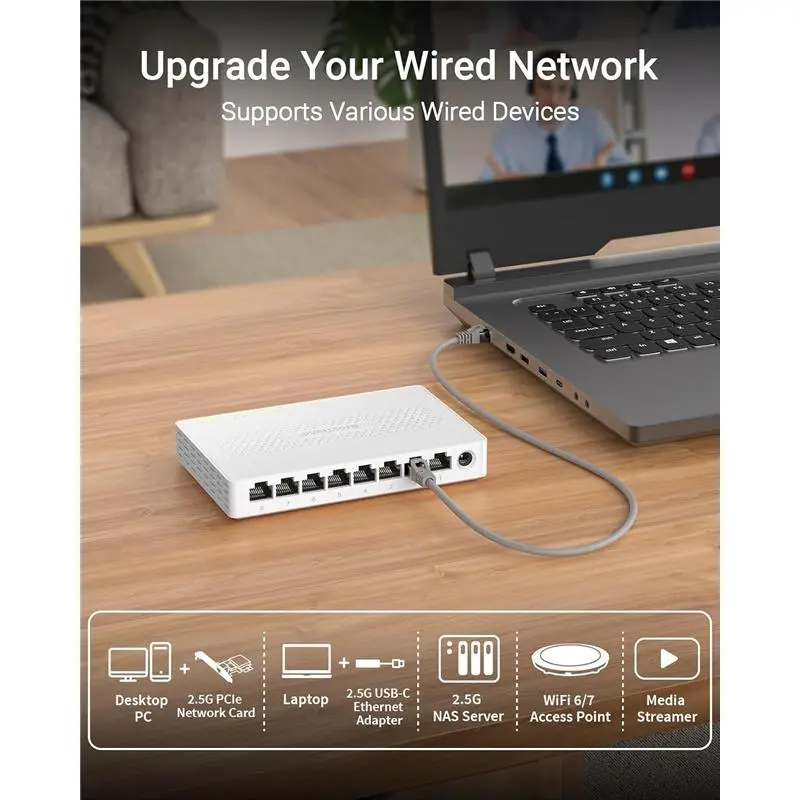 8 Port 2.5Gb Ethernet Switch, Multi-Gigabit Unmanaged Network Switch for Gaming Office Home NAS PC, 2.5G Ethernet Splitter Hub Plug & Play, Fanless, Desktop Wall-Mount, Lifetime Protection 3