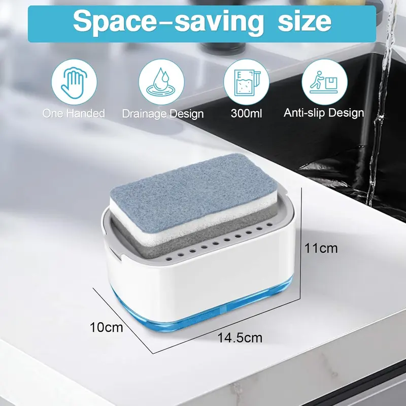 2 in 1 Liquid Soap Dispenser, Kitchen Dish Soap Dispenser with Sponge Holder, Dishwashing Soap Pump 1
