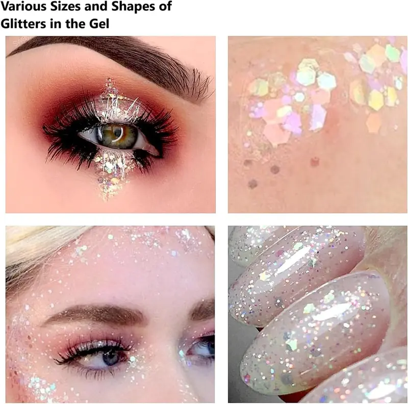 Body Glitter Gel, 50ML Face Glitters Body Gel Sequins Shimmer Liquid Eyeshadow, Mermaid Sequins Liquid Holographic Glitter Gel, Chunky Glitter for Face Hair Nails (White) Makeup Cosmetic 3