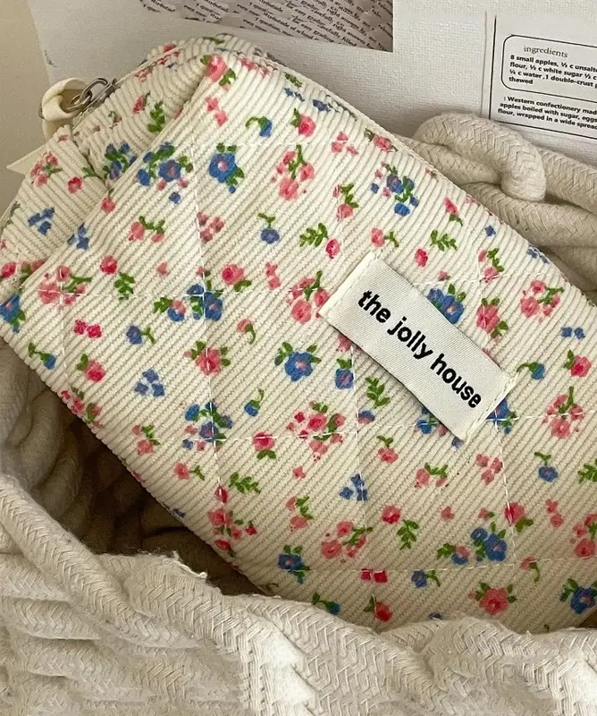 Christmas Gift Ditsy Chic Floral Design Quilted Makeup Bag Set - 3 Count Corduroy Cosmetic Storage Bag for Outing and Travel - Durable & Easy Care 5