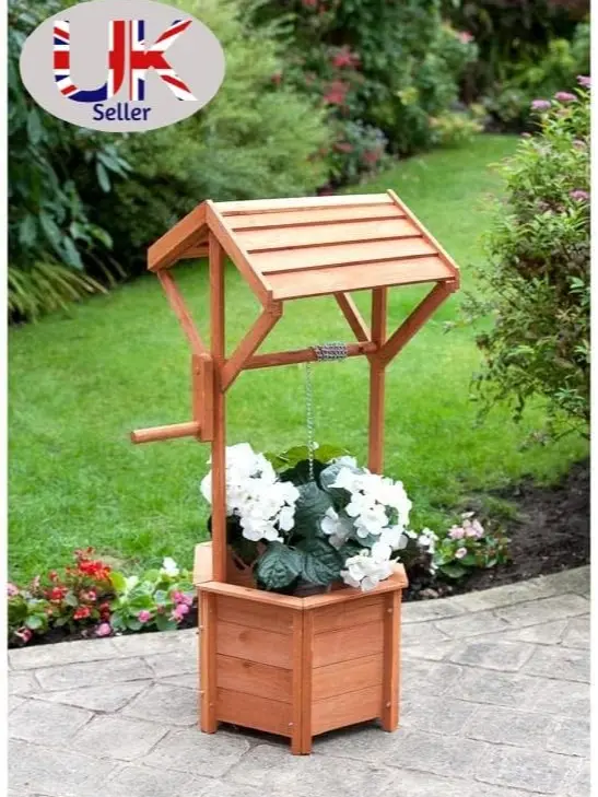 spot on dealz Wishing Well Planter Free Standing Plant Troughs Barrel Outdoor Display Flower Ornament Lawn Porch Decor Wooden Design Decorative Garden Feature 1