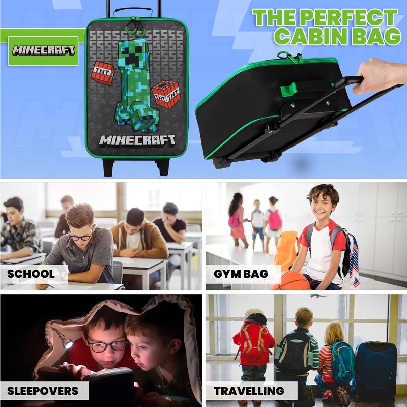 Minecraft Kids Suitcase for Boys and Girls Foldable Trolley Hand Luggage Bag Carry On Gamer Travel Bag with Wheels Size Cabin Bag Wheeled Bag with Handle Trolley Suitcase Boys 4