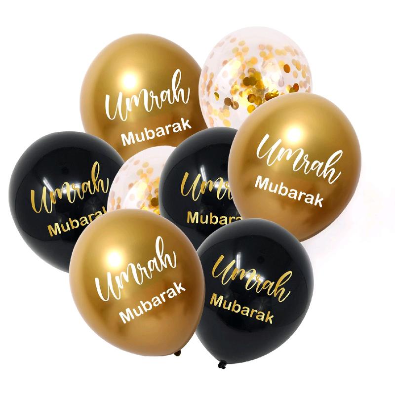 Pack of 8 Umrah Mubarak Balloons Confetti, Gold & Black Balloons bunting 0