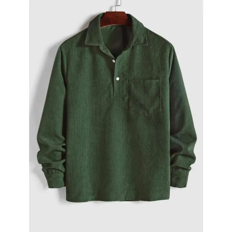Men's Plain Pocket Half Button Corduroy Shirt, Soft Comfy Regular Fit Long Sleeve Half Placket Collared Top for Fall & Winter, Men's Clothes, Basic Tops, Mens Clothing, Better Men 0