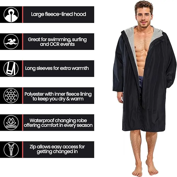 Black Changing Robe Adult Unisex Outdoor Long Sleeve Windproof & Waterproof Robes Hooded Coat For Beach Wild Swimming Surfing Oversized Quick Dry Jackets Outerwear Longsleeves Black Grey 2