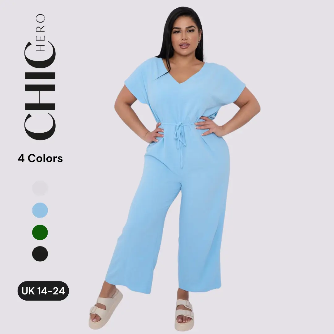 ChicHero V Neck Batwing Short Sleeve Tie Waist Wide Leg Comfort Jumpsuit