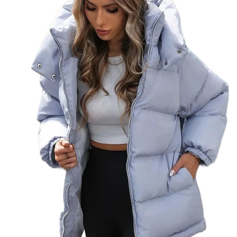 Women's Mid Length Belted Puffer Jacket with Large Pockets and Water Repellent Fabric - Strap, Tops, Cloth, Collar, Fleece, Traditional, Womenswear 1