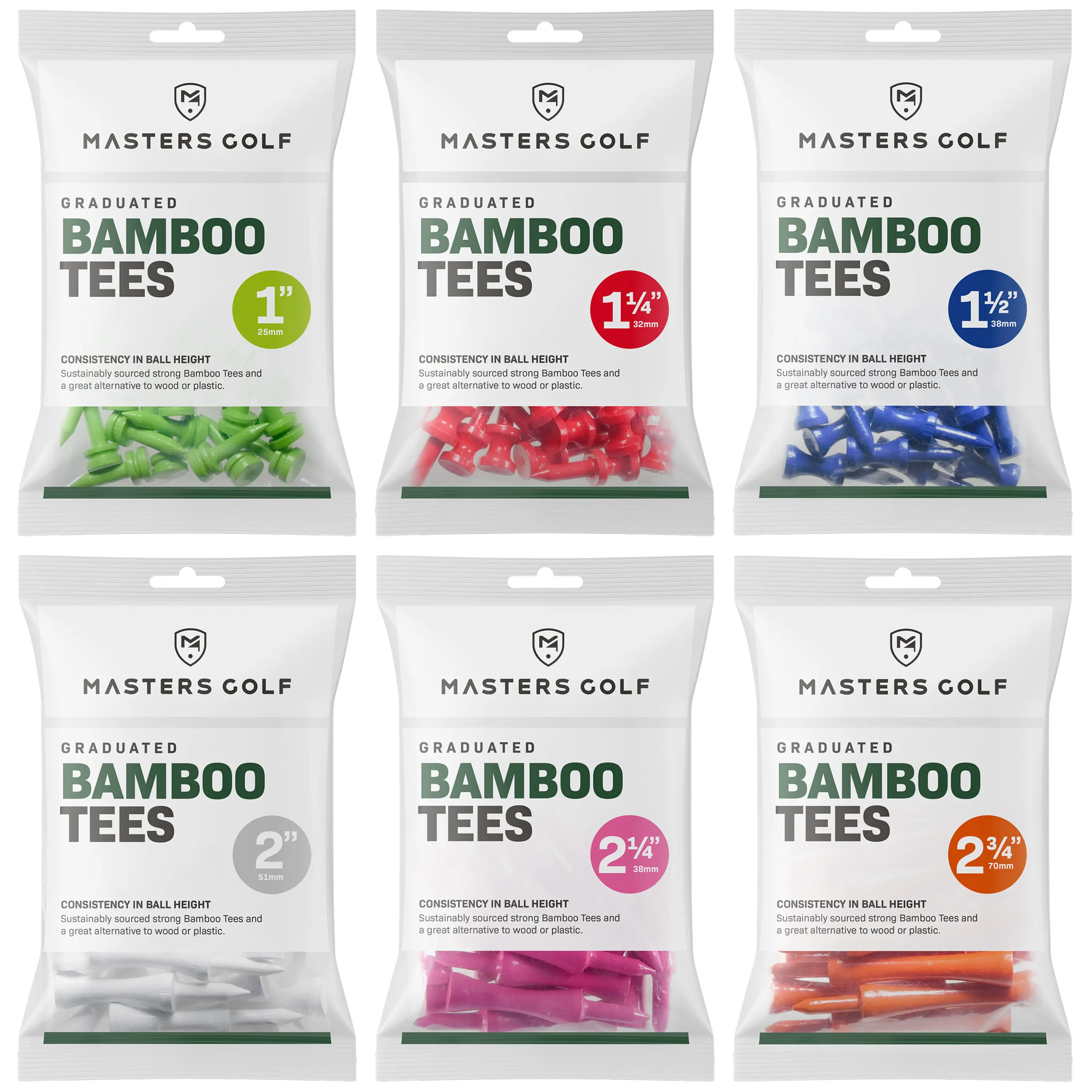 Masters Bamboo Castle Golf Tees - TWINPACKS (2 of Each) - 25mm-70mm Tee Heights - Green, Red, blue, White, Pink & Orange - Strong & Sustainable