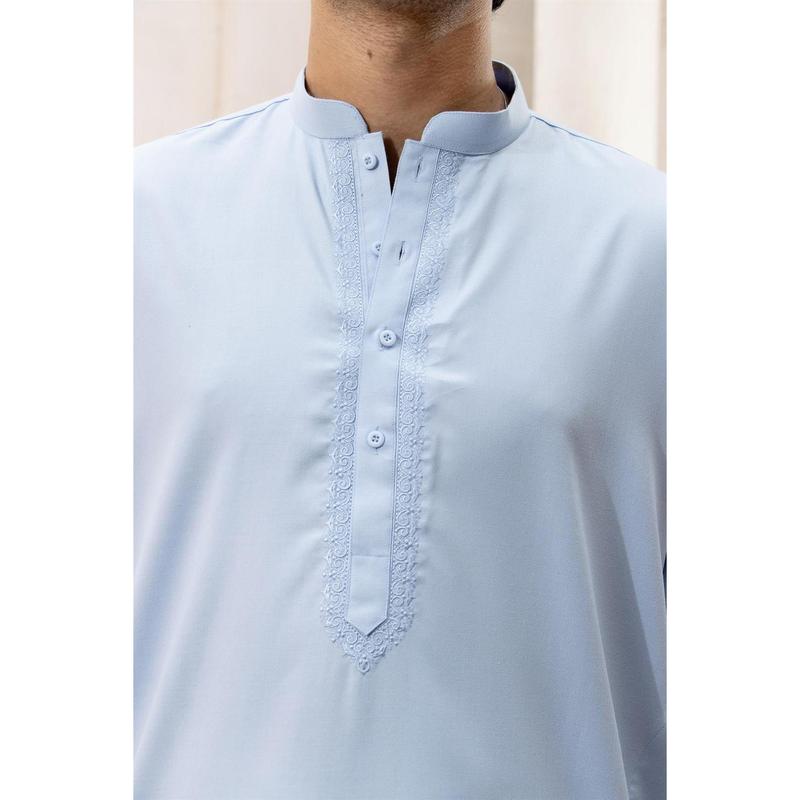 BS-SKY BLUE EMB - Kurta shalwar with simple self to self embroidery detailing around the neck line in soft polyester v 3
