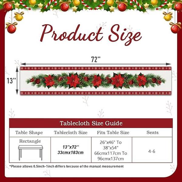 Red Christmas Table Runner 183 x 33cm, Christmas Table Runner Safflower, Red Linen Table Runner with Red Flower Christmas Tree Bells Print Table Runner for Xmas Santa Table Centrepiece Decorations 1