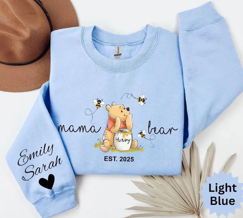 Custom Mama Bear Hoodie and Sweatshirt, Mother Day Gift Shirt, Winnie the Pooh Mothers Days Gift, Mama Est with Kid Name on Sleeve Shirts 1