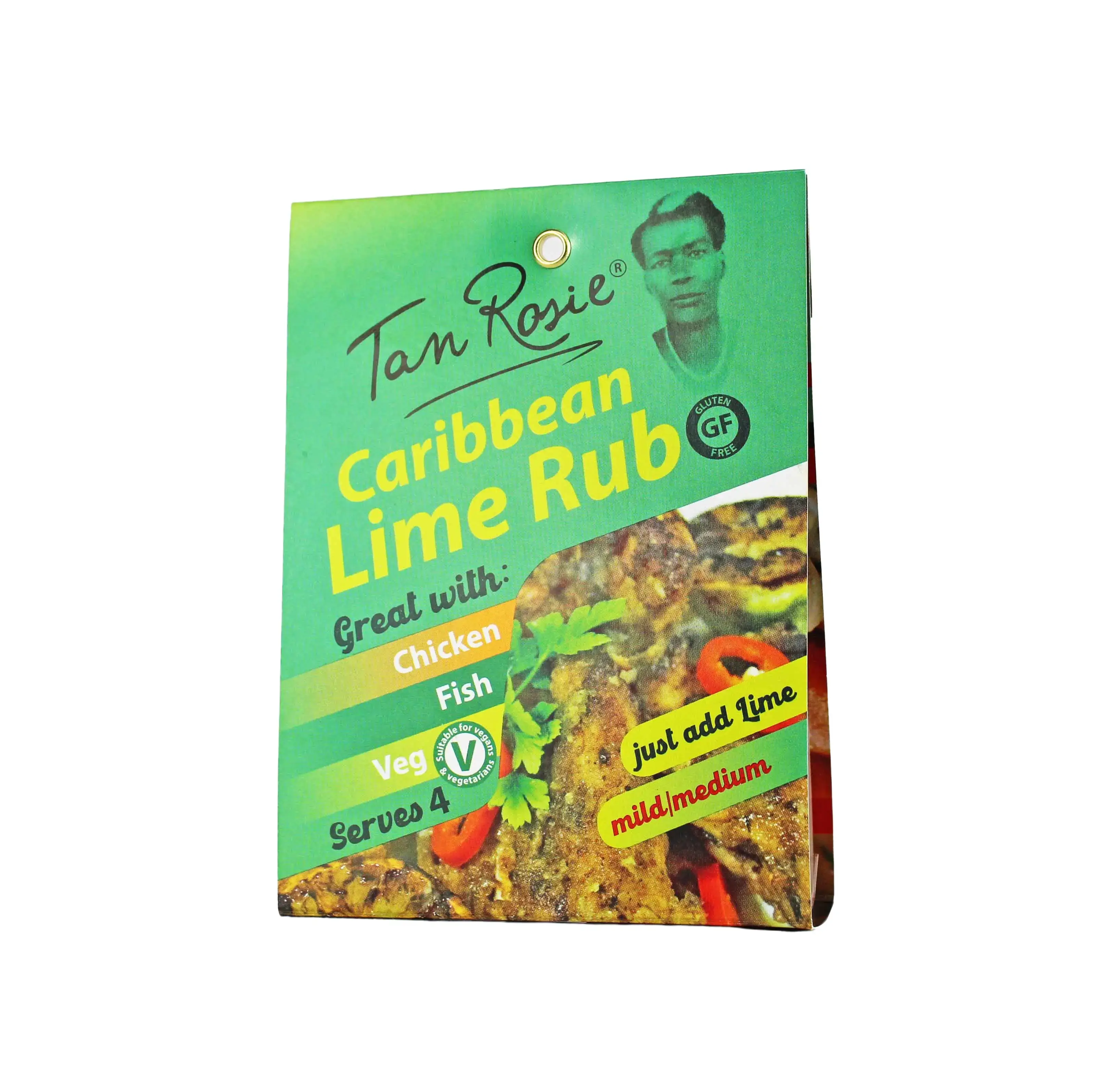Tan Rosie Caribbean Lime Rub Seasoning. Suitable for vegans. Mild to Medium heat.