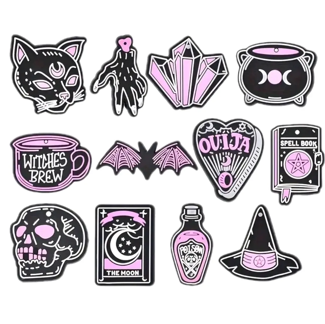 12 Halloween Spooky Black Magic Witch Goth Croc Clog Rubber Charms Jibbitz for Custom Shoe Decoration - Footwear uk